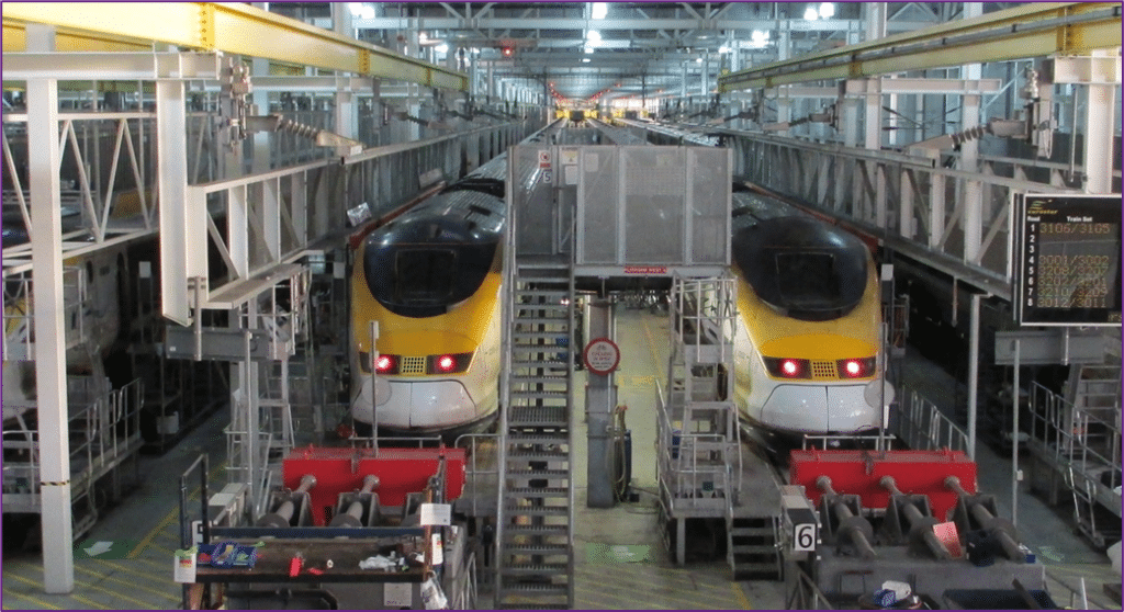 Temple Mills depot with 2 Cl.373 Eurostar trains